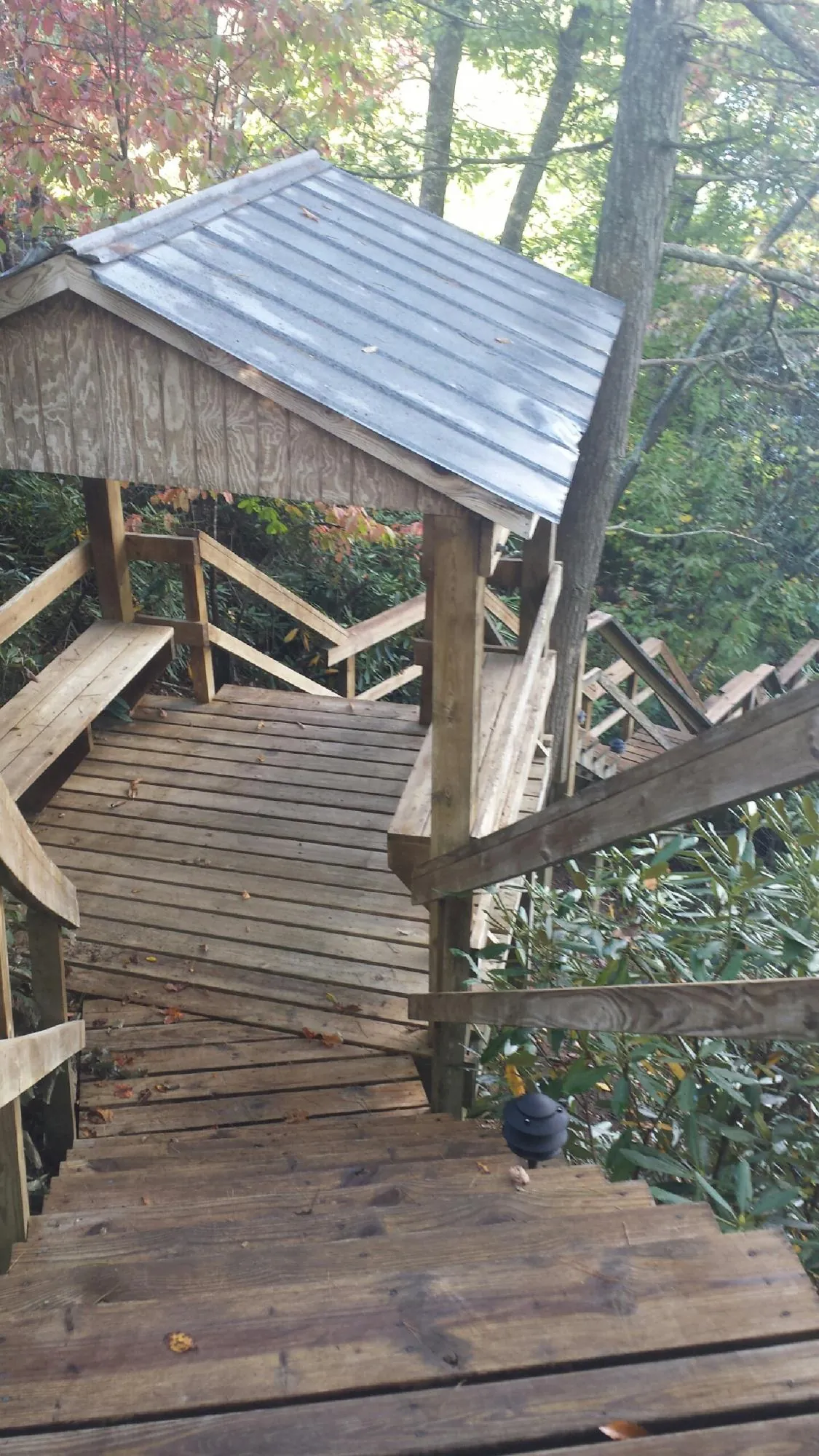 Metal roofed shelter over wooden steps on a wooded walkway — Skylight Repair & Installation work by our crew in Boonville