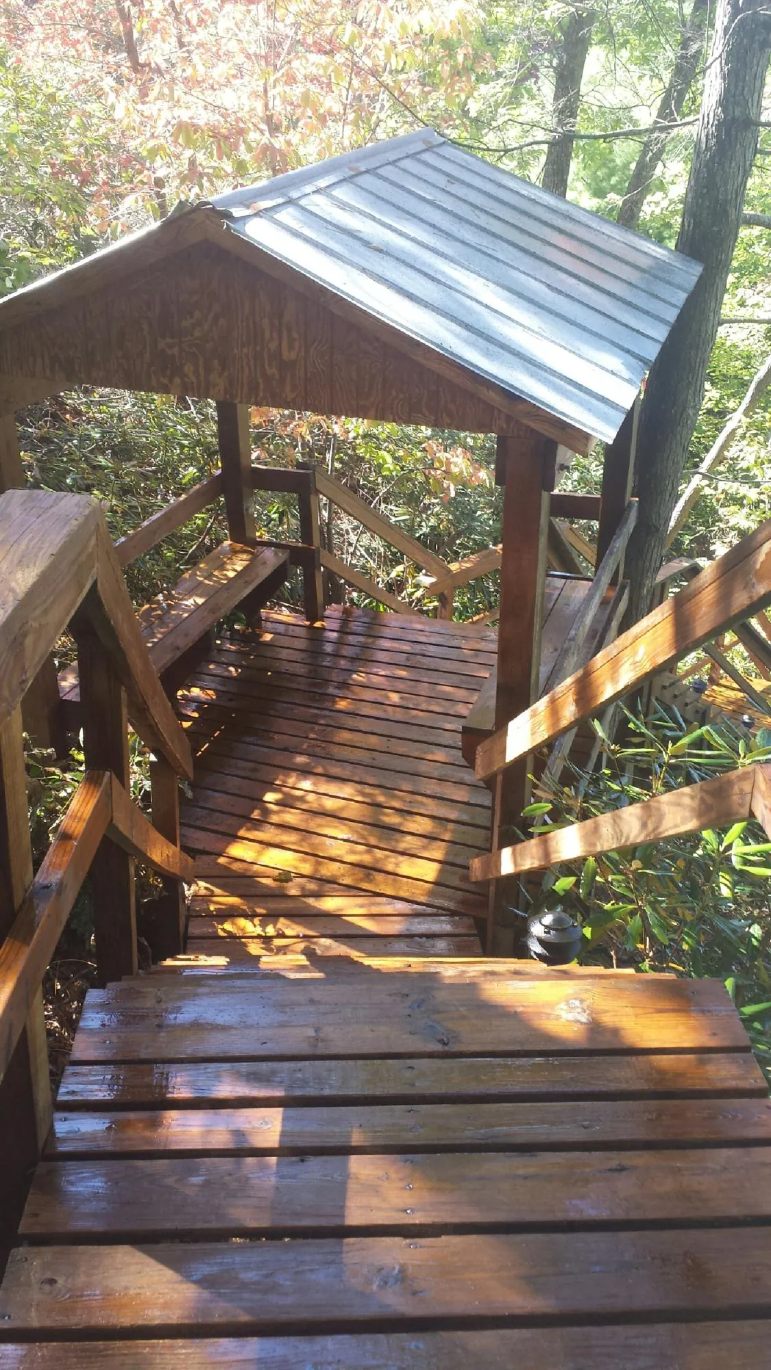 Freshly stained wood walkway and covered shelter with a metal roof in Boonville